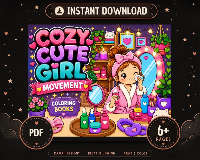 May include: A digital coloring book cover titled COZY CUTE GIRL MOVEMENT featuring a cartoon character in a pink robe and headband applying skincare. The scene includes vanity mirrors, bottles, potted plants, and a cat-shaped accessory on a table.