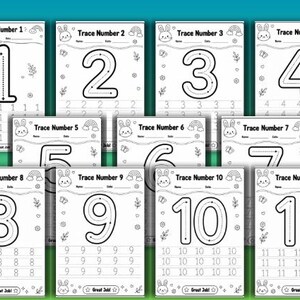 Op de afbeelding: Een verzameling van elf witte werkbladen om de getallen 1-11 te traceren. Elk blad bevat een groot getal om te traceren, kleinere getallen om te oefenen en een schattige konijnengrafiek. De werkbladen zijn ontworpen voor de vroege kinderjaren.