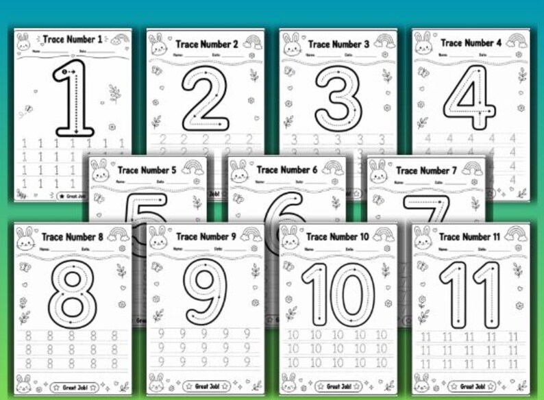 Op de afbeelding: Een verzameling van elf witte werkbladen om de getallen 1-11 te traceren. Elk blad bevat een groot getal om te traceren, kleinere getallen om te oefenen en een schattige konijnengrafiek. De werkbladen zijn ontworpen voor de vroege kinderjaren.