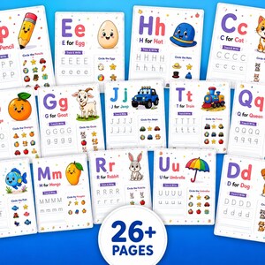 May include: A collection of educational alphabet flashcards for children. Each card features a letter, a corresponding image, and tracing exercises. The cards are colorful and designed to make learning fun. The image includes the text "26+ PAGES".