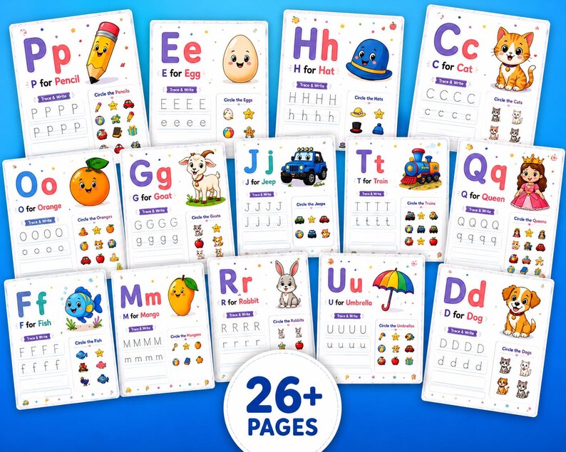 May include: A collection of educational alphabet flashcards for children. Each card features a letter, a corresponding image, and tracing exercises. The cards are colorful and designed to make learning fun. The image includes the text "26+ PAGES".