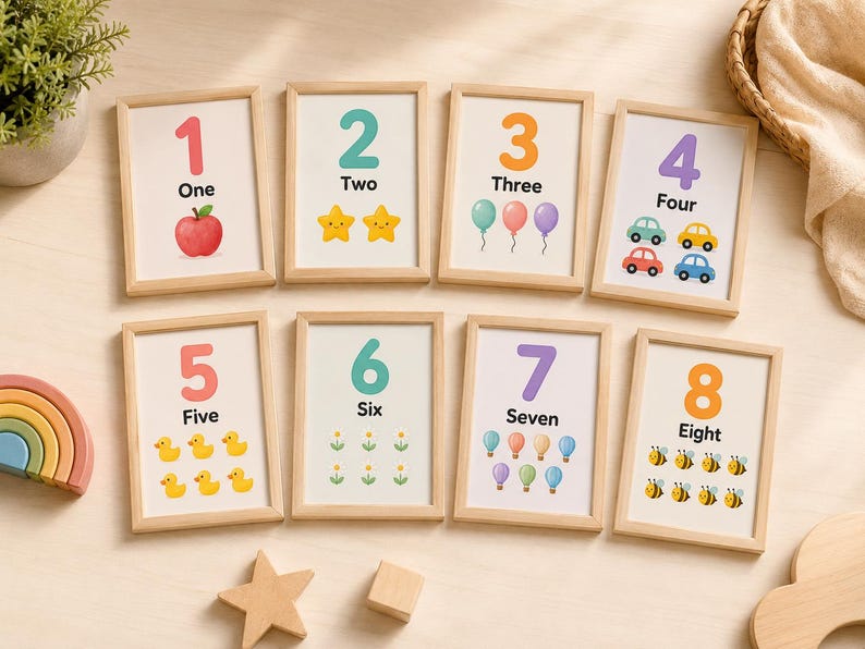 May include: Eight framed number cards with illustrations. Each card features a number from one to eight, along with the written word and a corresponding image, such as an apple for one, stars for two, and balloons for three.
