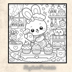 May include: A black and white coloring page illustration featuring a cartoon rabbit wearing a chef hat and apron, piping frosting onto cupcakes in a kitchen setting with a stove, mixing bowl, rolling pin, and shelves with kitchenware.