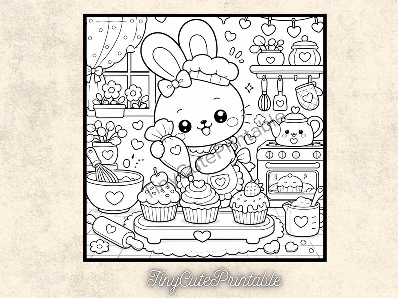 May include: A black and white coloring page illustration featuring a cartoon rabbit wearing a chef hat and apron, piping frosting onto cupcakes in a kitchen setting with a stove, mixing bowl, rolling pin, and shelves with kitchenware.
