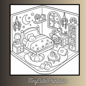 May include: A black and white line art coloring page featuring an isometric bedroom scene with a bed, desk, bookshelf, nightstand, rug, and various decorative items including plants, a moon, stars, and slippers, with the text TinyCutePrintable.