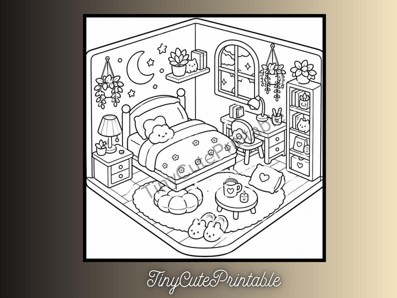 May include: A black and white line art coloring page featuring an isometric bedroom scene with a bed, desk, bookshelf, nightstand, rug, and various decorative items including plants, a moon, stars, and slippers, with the text TinyCutePrintable.