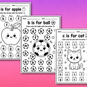 May include: Three black and white educational worksheets for children. The first worksheet is titled "a is for apple" and features an apple illustration. The second worksheet is titled "b is for ball" and features a soccer ball illustration. The third worksheet is titled "c is for cat" and features a cat illustration.