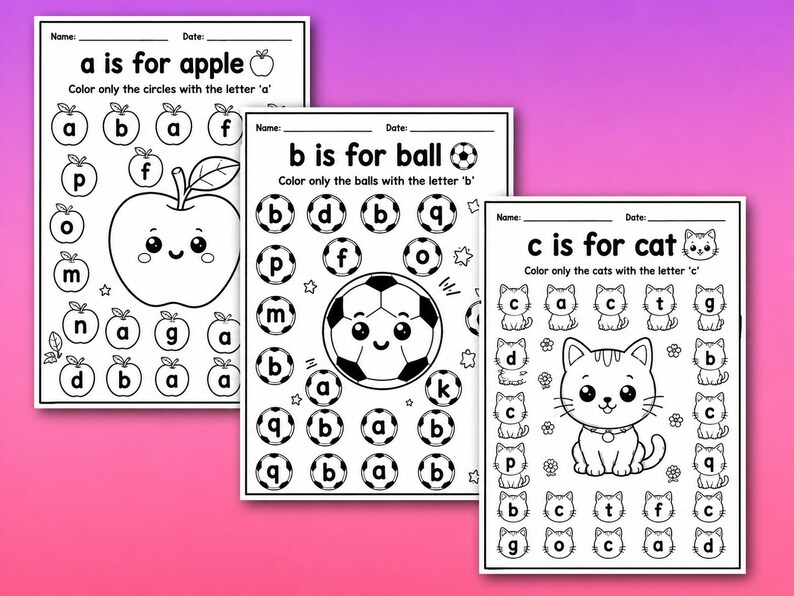 May include: Three black and white educational worksheets for children. The first worksheet is titled "a is for apple" and features an apple illustration. The second worksheet is titled "b is for ball" and features a soccer ball illustration. The third worksheet is titled "c is for cat" and features a cat illustration.