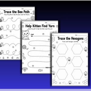 May include: Three black and white educational activity worksheets for children. The pages feature line art illustrations of bees, a kitten, and hexagons with dotted lines for tracing paths and shapes, including text headers like Trace the Bee Path.