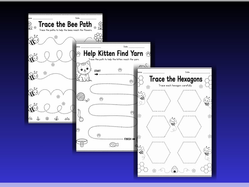 May include: Three black and white educational activity worksheets for children. The pages feature line art illustrations of bees, a kitten, and hexagons with dotted lines for tracing paths and shapes, including text headers like Trace the Bee Path.