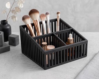 Organizador de maquillaje con listones, soporte moderno para brochas, organizador para productos de cuidado de la piel, estante de acrílico dividido