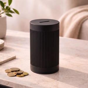 Può includere: Un salvadanaio cilindrico nero opaco caratterizzato da una texture a coste verticali sull'esterno. La superficie superiore include una fessura orizzontale per le monete. Un piccolo mucchio di monete color oro è posizionato vicino alla base.