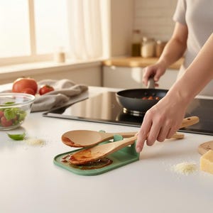 Può includere: Due cucchiai di legno poggiano su un poggia-cucchiaio verde, con salsa di pomodoro visibile sui cucchiai. La scena della cucina comprende una ciotola di insalata, pomodori e una padella.