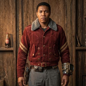 May include: A person wearing a deep red corduroy jacket with a grey faux fur collar, tan sleeve stripes, and brass buttons. The outfit includes grey trousers, a brown utility belt with a holster, and a metallic wrist-mounted device on the left arm.
