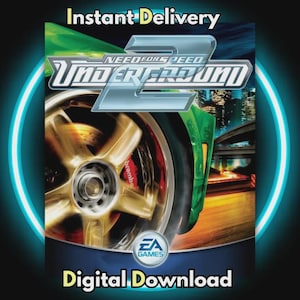 Può includere: La copertina del videogioco "Need for Speed Underground 2" presenta una ruota di auto con cerchio dorato e un'auto verde. I testi "Instant Delivery" e "Digital Download" sono visualizzati in alto e in basso nell'immagine.
