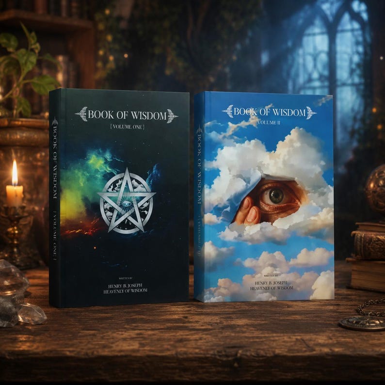 May include: Two hardcover books titled "Book of Wisdom" are displayed on a wooden surface. Volume One has a dark cover with a pentagram design and colorful nebula background. Volume Two features a blue sky with clouds and an eye peering through. The author's name is visible.