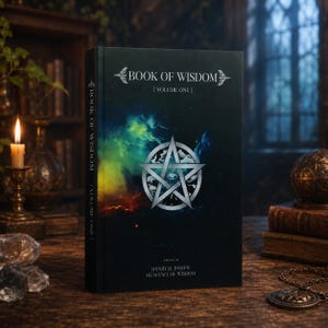 May include: A hardcover book titled "Book of Wisdom [Volume One]" with a dark cover featuring a silver pentagram design and colorful nebula art. The author's name is Henry B. Joseph. The book is on a wooden table.