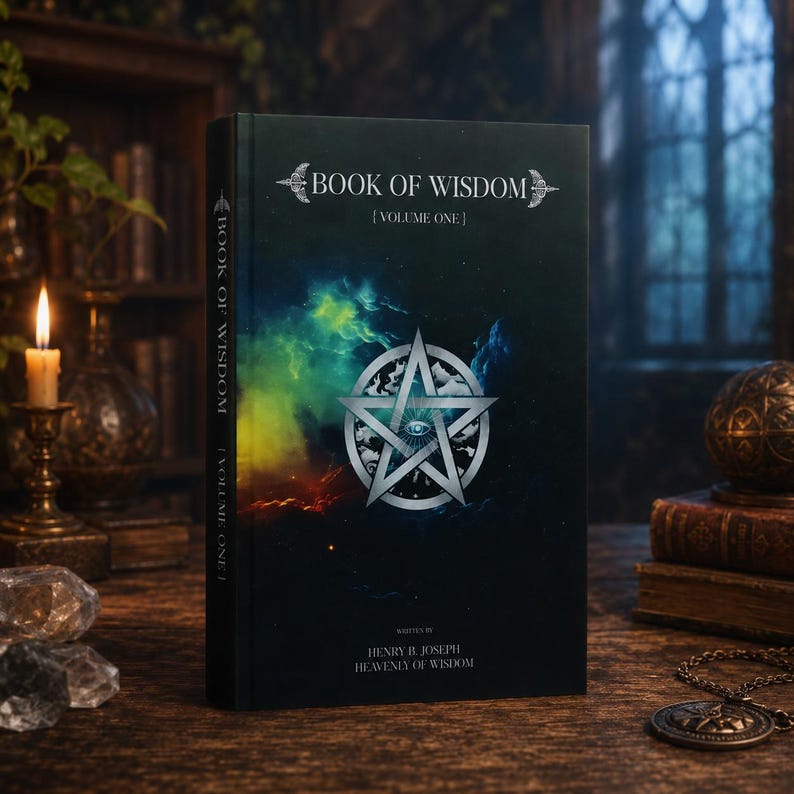 May include: A hardcover book titled "Book of Wisdom [Volume One]" with a dark cover featuring a silver pentagram design and colorful nebula art. The author's name is Henry B. Joseph. The book is on a wooden table.