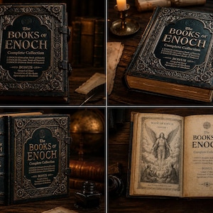 Pu&ograve; includere: Una collezione di libri antichi intitolata "The Books of Enoch". I libri hanno copertine scure e ornate con lettere e chiusure dorate. Un'immagine mostra un libro aperto con un'illustrazione di un angelo. I libri sono esposti su una superficie di legno con candele e altri oggetti vintage.