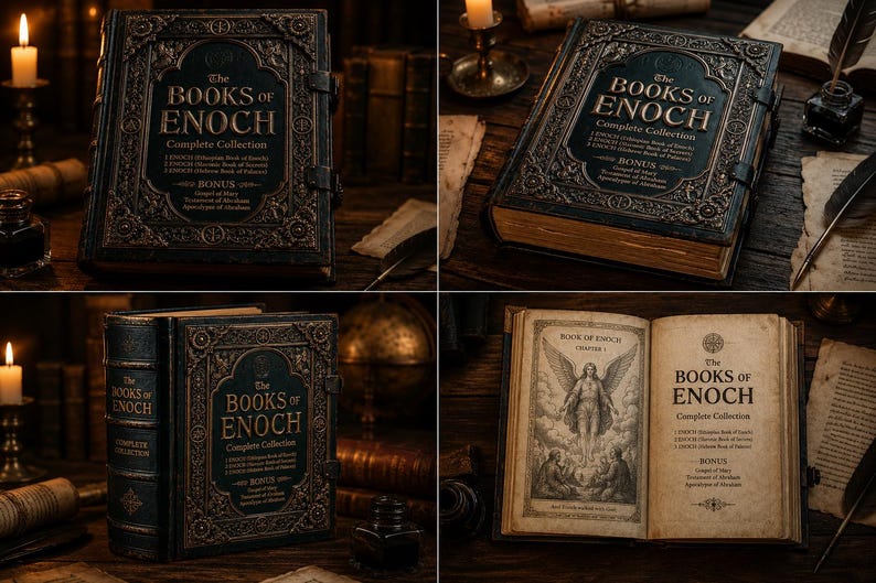 Pu&ograve; includere: Una collezione di libri antichi intitolata "The Books of Enoch". I libri hanno copertine scure e ornate con lettere e chiusure dorate. Un'immagine mostra un libro aperto con un'illustrazione di un angelo. I libri sono esposti su una superficie di legno con candele e altri oggetti vintage.