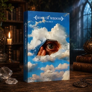 May include: A hardcover book titled "Book of Wisdom, Volume II" with a surreal cover design. The cover features a blue sky with fluffy white clouds, and an eye peeking through a torn section. The author's name and the book's subtitle are also visible.