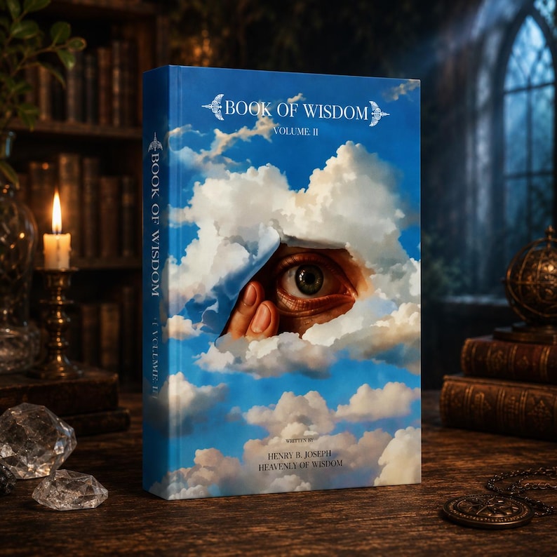 May include: A hardcover book titled "Book of Wisdom, Volume II" with a surreal cover design. The cover features a blue sky with fluffy white clouds, and an eye peeking through a torn section. The author's name and the book's subtitle are also visible.