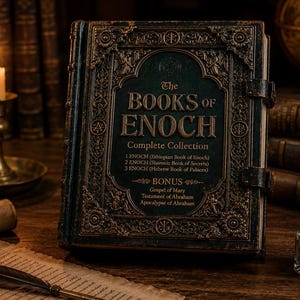 Pu&ograve; includere: Un libro antico intitolato "The Books of Enoch: Complete Collection" con una copertina verde scuro e dettagli dorati. Una candela accesa, una penna e un calamaio completano la scena, evocando un tema storico e letterario.