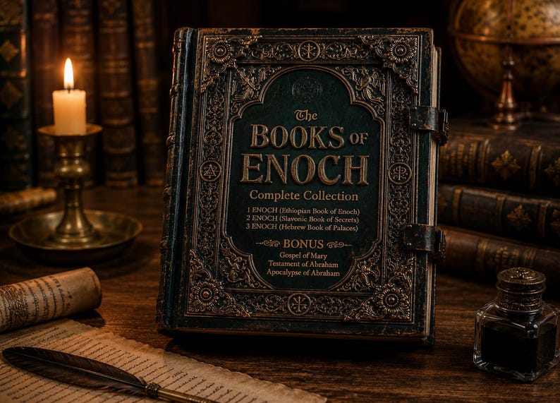 Pu&ograve; includere: Un libro antico intitolato "The Books of Enoch: Complete Collection" con una copertina verde scuro e dettagli dorati. Una candela accesa, una penna e un calamaio completano la scena, evocando un tema storico e letterario.
