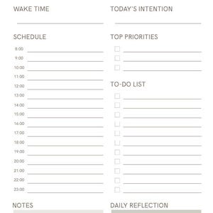 Könnte beinhalten: Eine Tagesplaner-Vorlage mit beigefarbenem Kopfbereich, der DAILY PLANNER und eine Datumszeile enthält. Sie umfasst Abschnitte für WAKE TIME, TODAY'S INTENTION, einen Zeitplan von 8:00 bis 23:00 Uhr, TOP PRIORITIES, eine TO-DO LIST mit Kästchen sowie Felder für NOTES und DAILY REFLECTION.