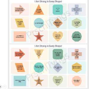 Op de afbeelding: Twee rechthoekige posters met de tekst "I Am Strong in Every Shape!". Elke poster bevat kleurrijke vormen met positieve affirmaties. De vormen omvatten pijlen, driehoeken, vierkanten, cirkels, sterren, harten en diamanten.