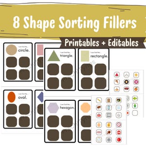 Pode incluir: Cartões educativos imprimíveis para classificação de formas, com formas como círculos, triângulos e hexágonos. Os cartões têm o texto "Eu consigo encontrar o..." e "Printables + Editables".