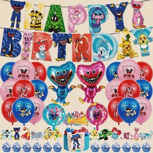 May include: A colorful birthday party decoration set featuring a banner that reads "HAPPY BIRTHDAY", character balloons, and cupcakes. The set includes blue, pink, and red balloons, and a cake with a character design.