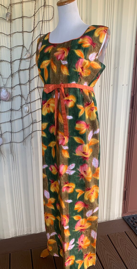 70s orange n green Hawaiian dress Empire Waist lon