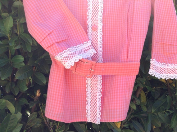 60s pink gingham blouse lace trim top shirt with … - image 1