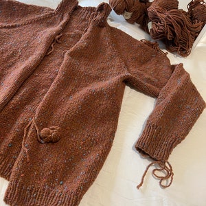 Hand Knit cardigan sweater project to finish rust wool tweed beautiful medium to large