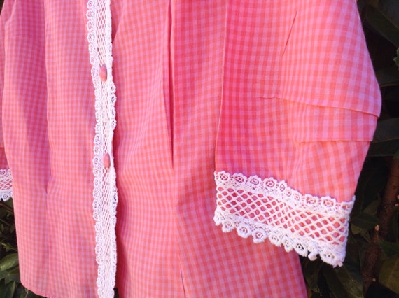 60s pink gingham blouse lace trim top shirt with … - image 3