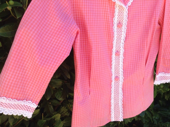 60s pink gingham blouse lace trim top shirt with … - image 5