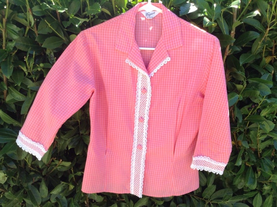 60s pink gingham blouse lace trim top shirt with … - image 4