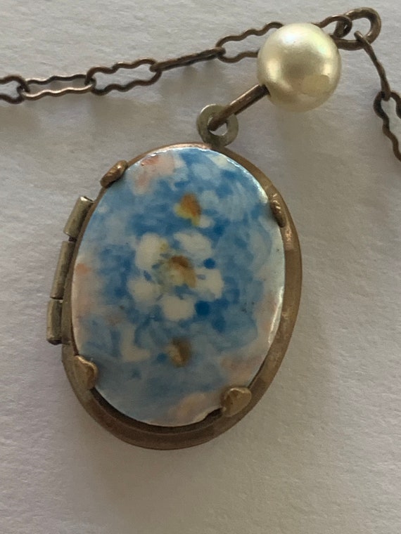 Antique ceramic necklace locket blue with white de