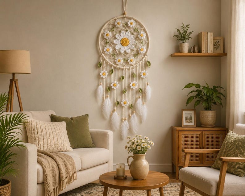 Puede incluir: Un atrapasue&ntilde;os crema con detalles de margaritas cuelga de una pared. El atrapasue&ntilde;os presenta un marco circular tejido, margaritas de ganchillo y plumas blancas colgantes. La habitaci&oacute;n tiene una paleta de colores neutros con un sof&aacute;, cojines y muebles de madera.