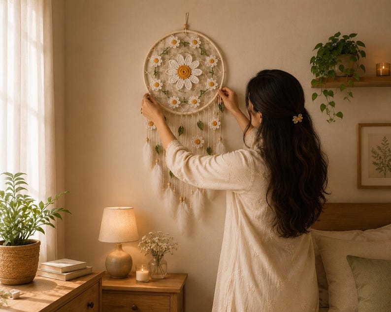 Puede incluir: Un atrapasue&ntilde;os con tem&aacute;tica de margaritas con un aro color crema y flores de ganchillo blancas y amarillas. El atrapasue&ntilde;os tiene plumas y cuentas colgantes. La imagen muestra el atrapasue&ntilde;os colgado en una pared.