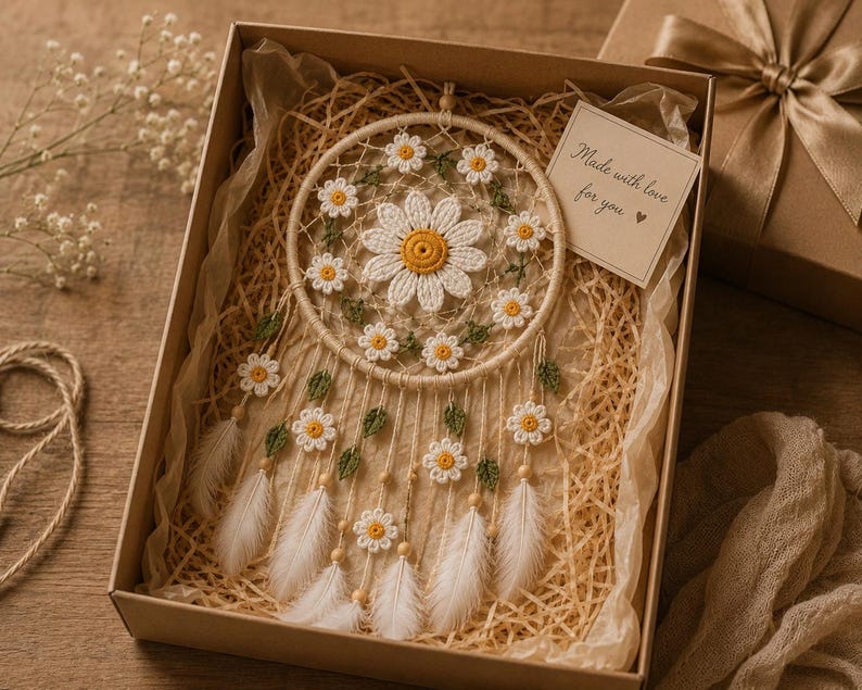 Puede incluir: Un atrapasue&ntilde;os hecho a mano con un dise&ntilde;o de margarita, presentado en una caja de regalo. El atrapasue&ntilde;os presenta una gran margarita central y margaritas m&aacute;s peque&ntilde;as alrededor del aro, con plumas blancas y el texto "Made with love for you".