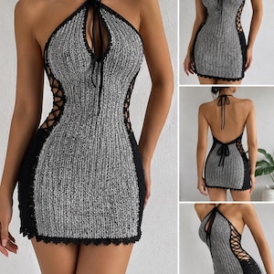 Crochet Halter Mini Dress Pattern, Y2K Bodycon Lace Up Tutorial (PDF Download)