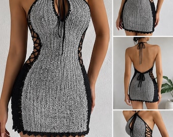 Crochet Halter Mini Dress Pattern, Y2K Bodycon Lace Up Tutorial (PDF Download)