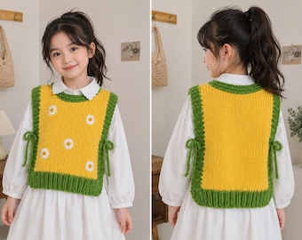May include: A yellow knit sweater vest featuring a green ribbed border and green side ties. The front displays white daisy flower motifs with yellow centers. The garment is worn over a white long-sleeved collared shirt and a white dress.