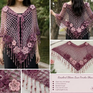 Häkelanleitung für einen Rosalind Bloom Spitzenponcho (PDF), florales Netztuchmuster, Boho-Fransen-Tuch, Häkelanleitung für Anfänger, digitaler Download