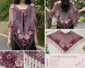 Patrón de ganchillo en PDF para poncho de encaje Rosalind Bloom, patrón de chal de malla floral, chal bohemio con flecos, patrón de ganchillo para principiantes, descarga digital.