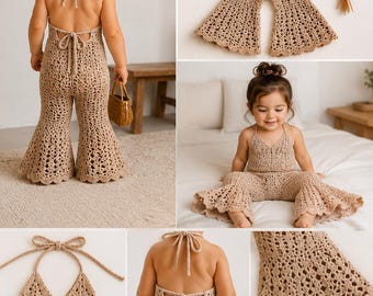 Puede incluir: Un mono de ganchillo beige con cuello halter con cierre de lazo, diseño de espalda abierta con detalle de lazo y perneras anchas acampanadas con dobladillo festoneado. La prenda está confeccionada con hilo texturizado de punto abierto en color.