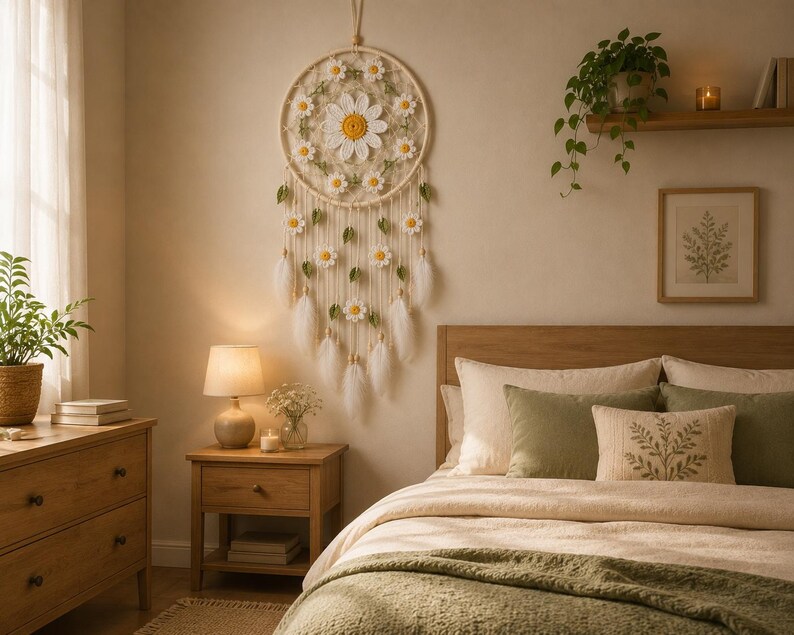 Puede incluir: Una escena de dormitorio con un atrapasue&ntilde;os con dise&ntilde;o de margarita sobre una cama. La habitaci&oacute;n presenta muebles de madera, incluyendo una mesita de noche y una c&oacute;moda. La cama est&aacute; adornada con almohadas y una manta verde, creando un ambiente relajante.