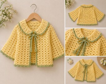 May include: A yellow crochet cardigan featuring a wide collar and hem trimmed in sage green. The garment has an open front design with a matching sage green tie closure finished with small tassels. The crochet pattern is a repeating diamond stitch.